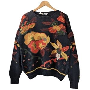 Vintage Black Floral Crewneck Sweater with Red, Yellow and Green Accents